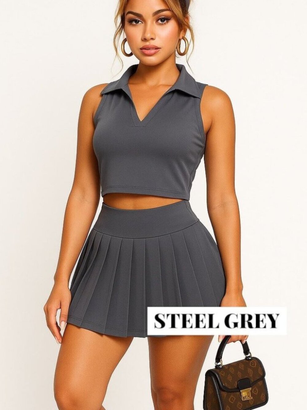 OTOS Sportwear Set Cropped Top Pleated Skirt Skort Padded Tennis Grey Various